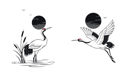 Fototapeta premium Elegant Japanese-style ink wash illustrations of red-crowned cranes standing and flying against a black sun backdrop.