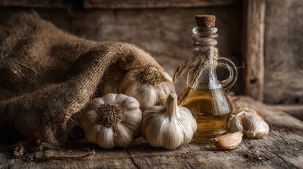 Wholesome natural oils setup: garlic cloves, amber glass bottle, and textured burlap on wood