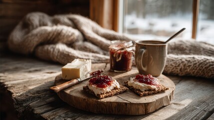 Winter breakfast on a rustic wooden board: rye crispbread with cream cheese and raspberry jam