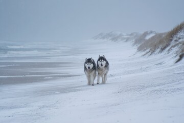 Winter beach walk: huskies exploring a snow-dusted coastline under gray skies