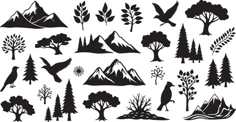 Obraz premium Black and white forest mountain icons set