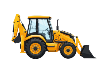 Yellow Backhoe Loader Construction Vehicle With Front Loader And Rear Excavator On Transparent Background