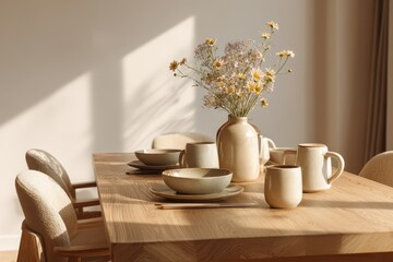 Wooden dining table bathed in natural light with simple table setting in a modern dining room