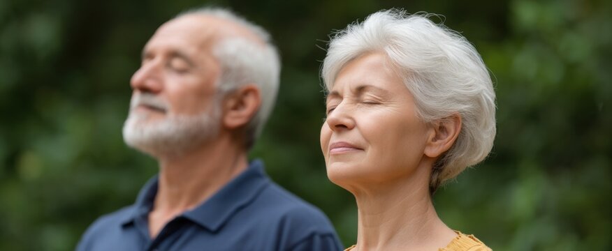 The elderly couple savors a tranquil outdoor moment blending stillness with vitality. - Powered by Adobe