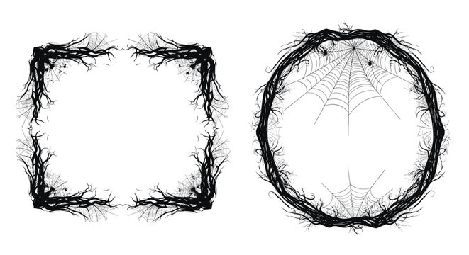 Spooky Halloween frames made of twisted tree branches spiderwebs and spiders perfect for creating creepy holiday invitations.