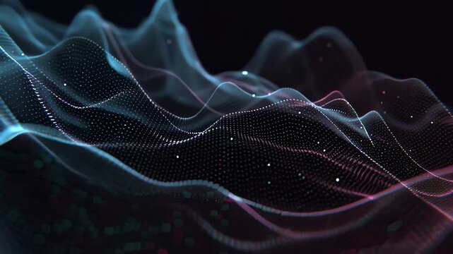 Abstract visualization of wavy lines and dots in shades of blue and pink against a dark background with a futuristic feel.
