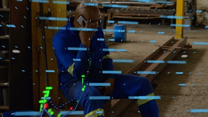 Animation of data processing over african american male worker in warehouse - Powered by Adobe