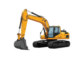 Yellow Excavator Construction Vehicle with Black Tracks and Bucket on a Transparent Background