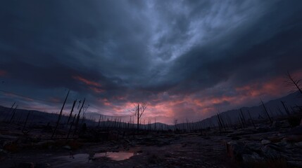 Dark clouds fill the sky as a sunset casts orange and purple hues over a landscape marked by burnt trees and hills. Water pools reflect the colors in the ground.