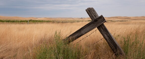 A broken fencepost stands like a sleepy warrior in a tranquil rural landscape