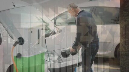 Animation of data processing and arrows over caucasian man fueling car - Powered by Adobe