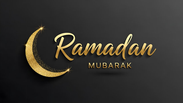 Luxury golden glitter Ramadan Mubarak greeting card design | Elegant black and gold crescent moon Islamic holy month background | Calligraphy banner for Ramadan Kareem celebration event poster |