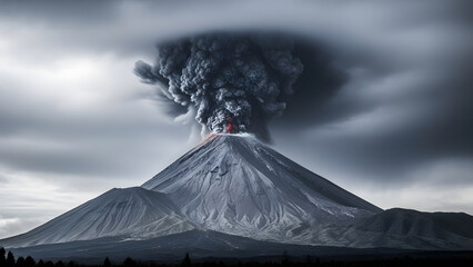 Dramatic volcanic eruption with massive ash cloud | Powerful natural disaster and gray sky background | Stratovolcano spewing thick dark smoke and glowing magma | Large volcano crater exploding danger