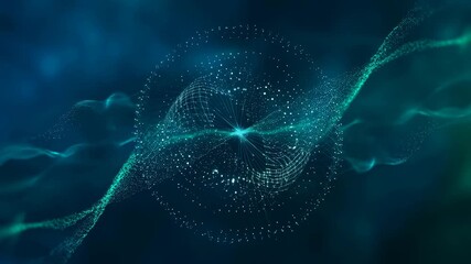 Abstract digital animation of glowing particles forming a spherical mesh structure. Represents technology, innovation, and data visualization in a futuristic context - Powered by Adobe