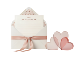 Envelope with pink ribbon and hearts on transparent background for valentines day