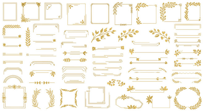 A huge collection of golden glitter frames borders and dividers with botanical elements for luxury wedding and event designs.