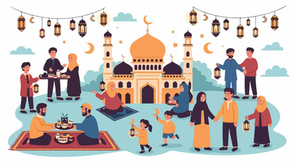 Muslim community celebrating Eid alFitr with family and friends near a mosque.