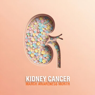 Kidney Cancer March Awareness Month paper cut illustration | World Kidney Day medical infographic background | Floral design symbolizing renal health and recovery | Neoplasm disease advocacy graphic