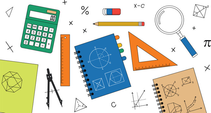 Mathematics study supplies set with notebooks, calculator, rulers, compass, pencil, equations, and geometry tools in colorful illustration