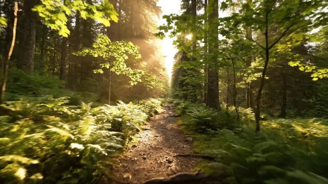 Golden sunlight filters through tall pines onto a muddy forest path bordered by mossy rocks in fogs