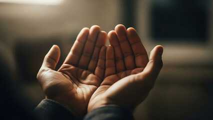 Close-up of a person's cupped hands in a solemn gesture of Islamic dua or prayer asking for blessings and guidance

