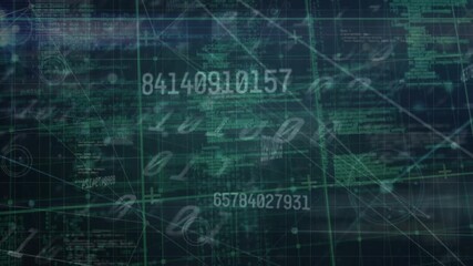 Animation of numbers, binary codes, data processing with connecting dots on digital interface - Powered by Adobe