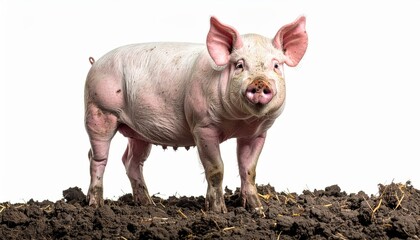 Pink Pig Standing On Dirt Isolated On White Background Farm Animal For Agriculture Livestock And Food Production Concepts Studio Shot