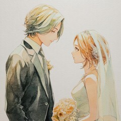 Anime style wedding couple in soft watercolor illustration with pastel colors and gentle lighting for romance