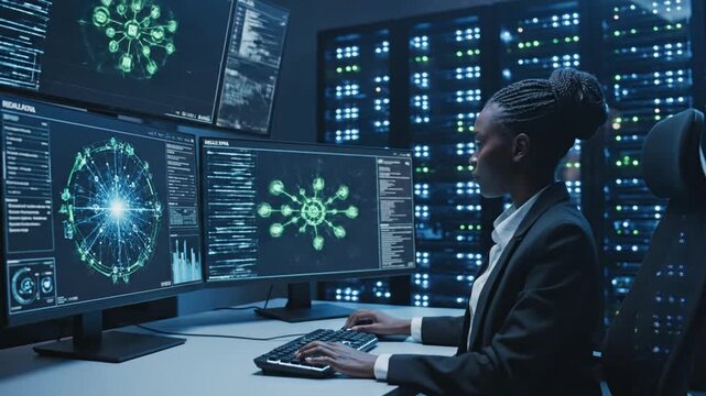 A woman analyst monitors holographic dashboards in a dim, data center surrounded by servers at dusk