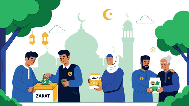 Muslims giving Zakat charity during Ramadan helping those in need.