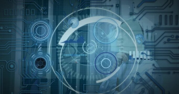 Animation of 5g text banner and round scanners over caucasian male engineer at computer server room