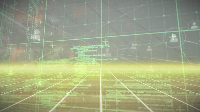 Animation of programming language and profile icons connected with lines over lens flare and grid