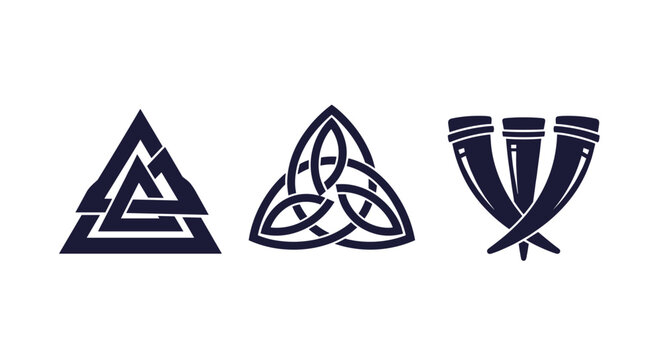 Set of three dark blue viking symbols including the valknut a trinity knot and crossed drinking horns in a minimalist graphic style.