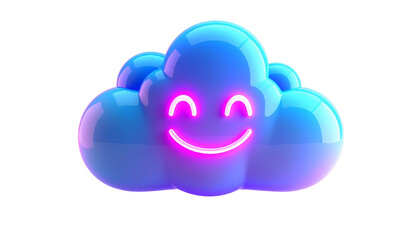 Smiling, glossy blue cloud with pink neon face against a black backdrop