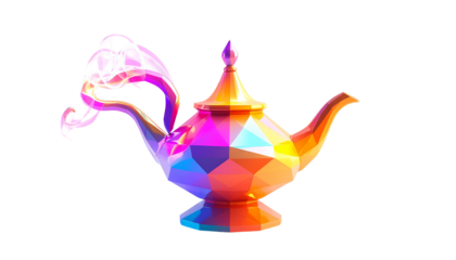 A low-poly ornate lamp with colorful, smoky emanations on black