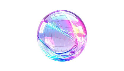 A iridescent translucent sphere floats against a stark black backdrop