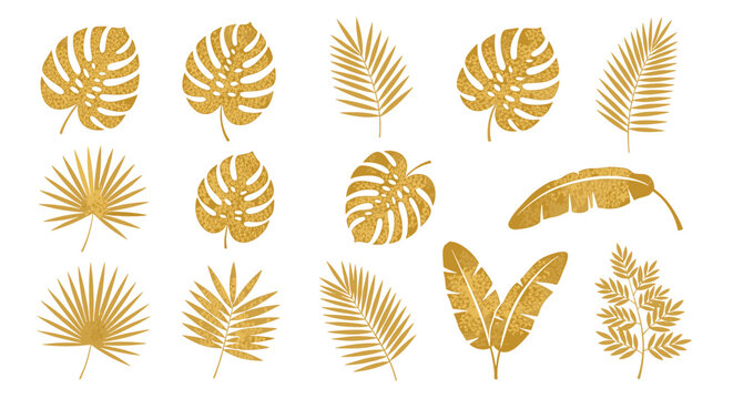 Collection of golden tropical leaves with a glitter texture including monstera palm and banana leaf for luxury summer design projects.