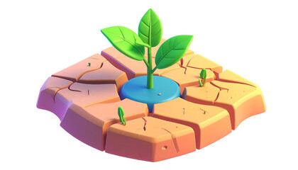 Animated dry cracked earth with vibrant green sprout and small plants