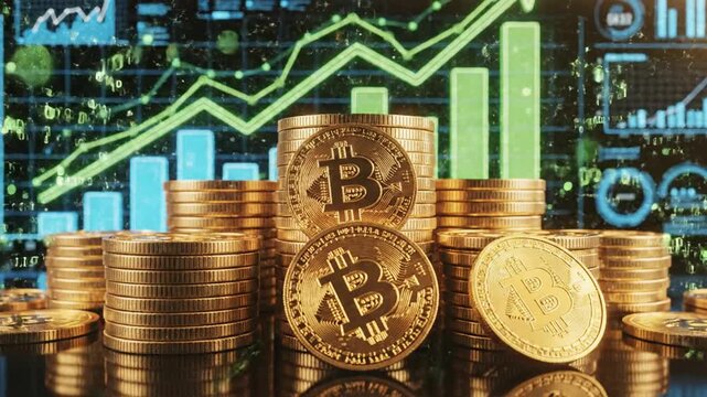 Golden coin stacks glow amid shimmering charts and digital lines, signaling financial tech fusion!!!