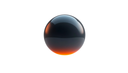 Shiny, reflective, dark sphere against stark black background