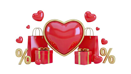 Valentine's Day Sale: Hearts, Gifts, Shopping Bags, and Percentage Signs
