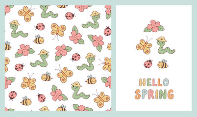 Spring nursery doodles seamless pattern and clip art collection for kids prints, textile, apparel, stationery, wallpaper, wrapping paper, etc. EPS 10