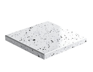 Isometric view of a square stone slab with speckled grey and black pattern