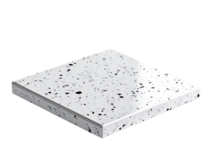 Isometric view of a square stone slab with speckled grey and black pattern
