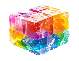 Vibrant, multi-colored cube made of translucent, wet-looking gelatin
