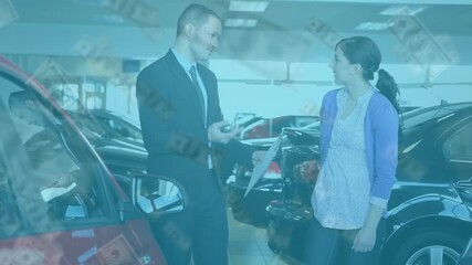 Animation of banknotes over caucasian businessman and woman at car dealer