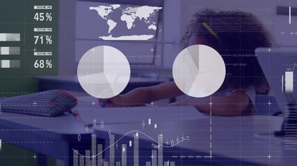 Animation of data processing over african american schoolgirl in classroom - Powered by Adobe