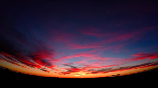 Sunset panorama's orange-pink! clouds blaze over a dark, flat horizon, casting warm, tranquil light