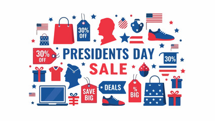 Presidents Day Sale with patriotic shopping items and discount tags.