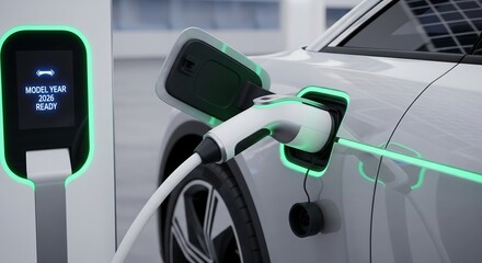 Sleek Electric Vehicle Charging at a Modern Station with Bright Green Glow, Ready for Future Sustainable Energy